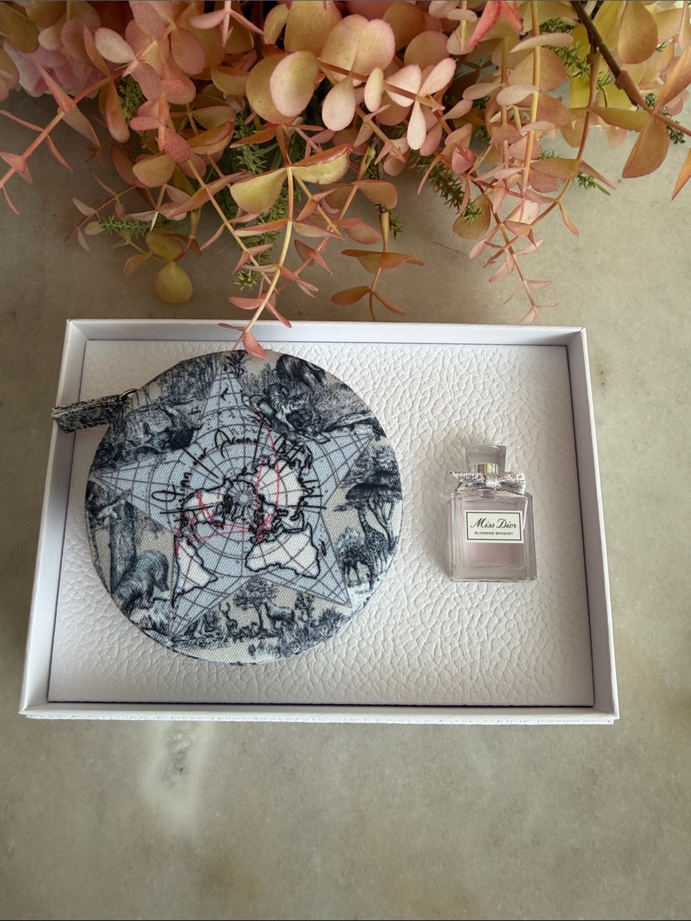 Dior Printed travel pouch with Tie Closure and sample size miss Dior parfum